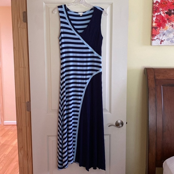 SPENSE Maxi Hankie-chief Hem Sleeveless V Neck Striped Navy Blue Jersey Dress M - Picture 1 of 7